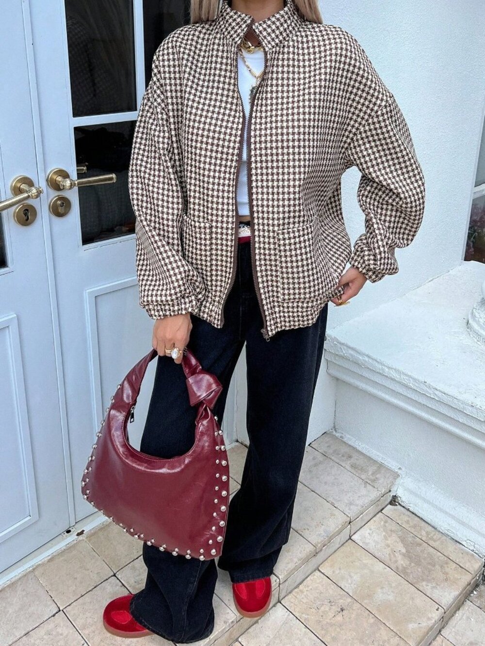 Brown Casual Women's Loose Fit Houndstooth Jacket - Picture 4 of 8
